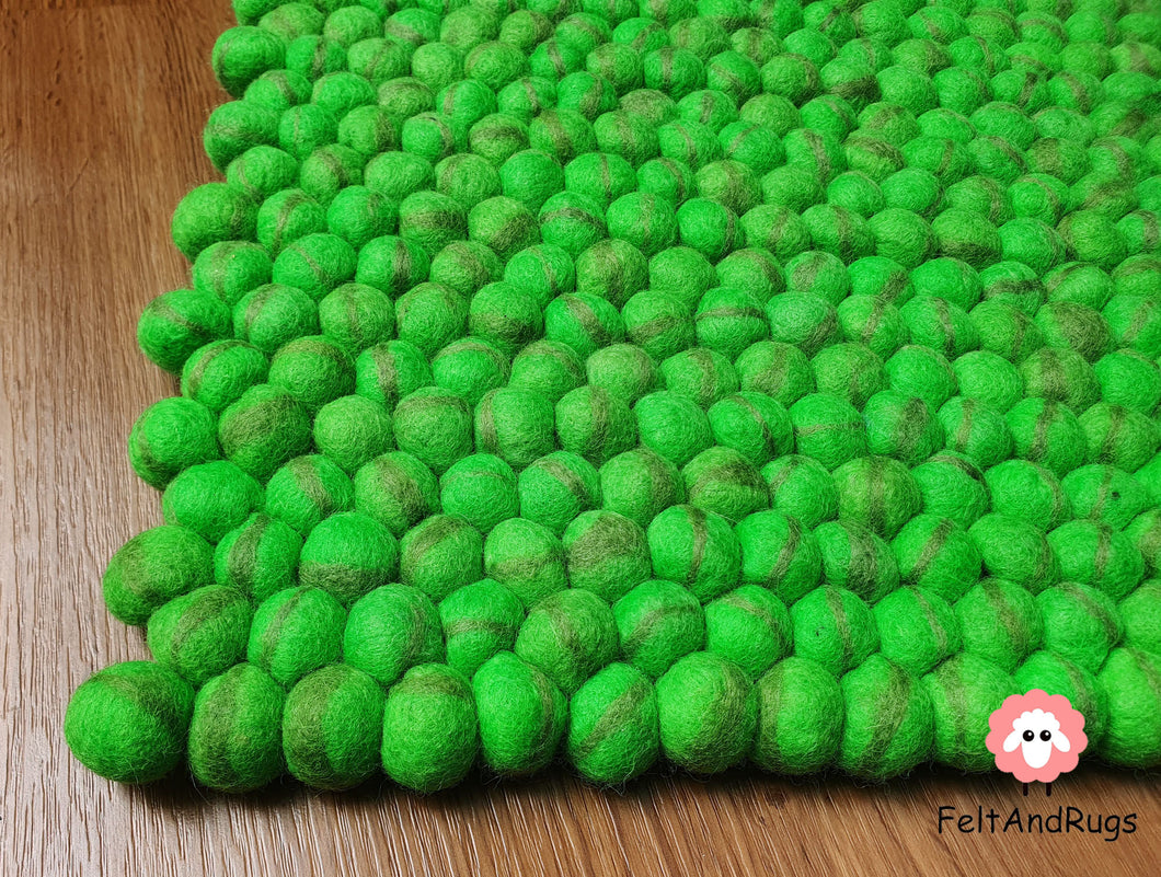 Rectangle Felt Ball Rug Green with Dark Green Stripe 100 % Wool (Free Shipping)