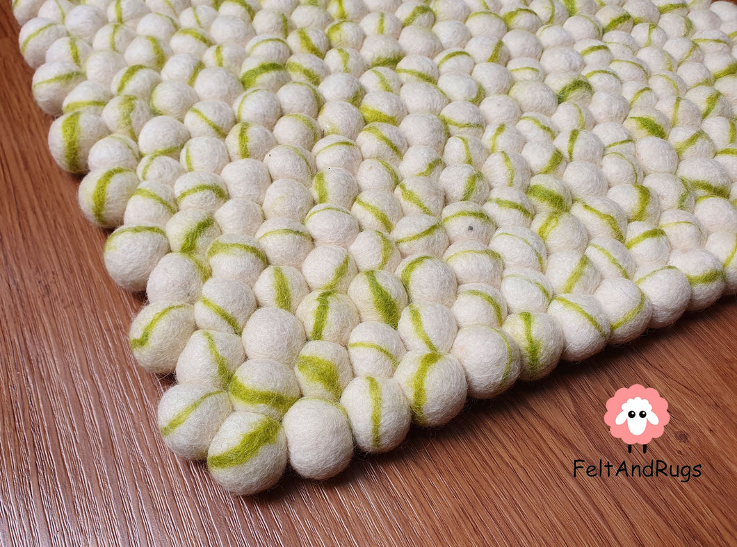 Rectangle Felt Ball Rug White with Henna Green Stripe 100 % Wool (Free Shipping)
