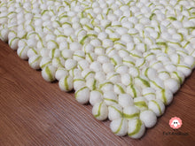 Load image into Gallery viewer, Rectangle Felt Ball Rug White with Henna Green Stripe 100 % Wool (Free Shipping)