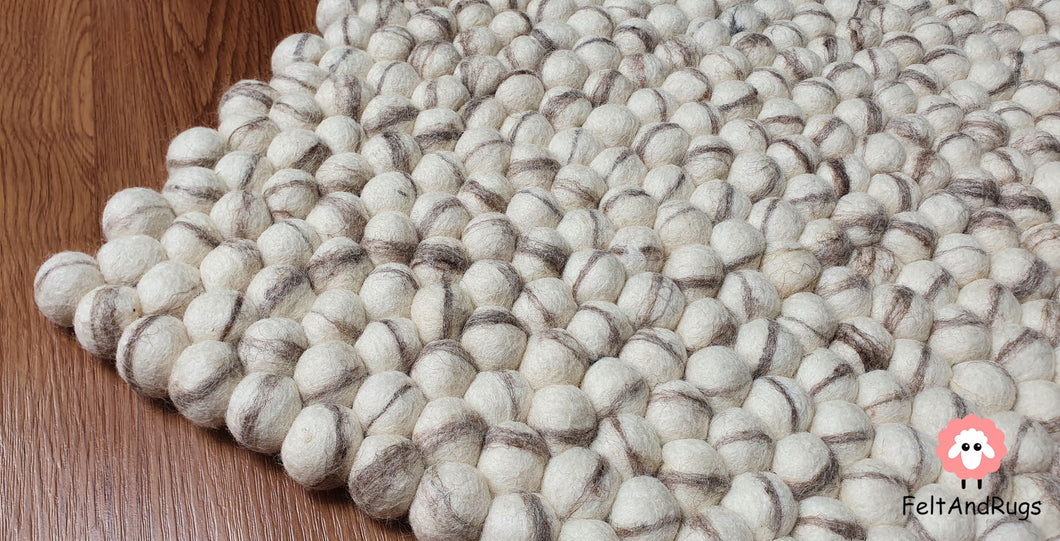 Rectangle Felt Ball Rug Base White with Brown Stripe Tie Dye Rug 100 % Wool (Free Shipping)