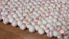 Load image into Gallery viewer, Rectangle Felt Ball Rug Base White with Baby Pink Stripe Tie Dye Rug 100 % Wool (Free Shipping)