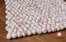 Load image into Gallery viewer, Rectangle Felt Ball Rug Base White with Baby Pink Stripe Tie Dye Rug 100 % Wool (Free Shipping)
