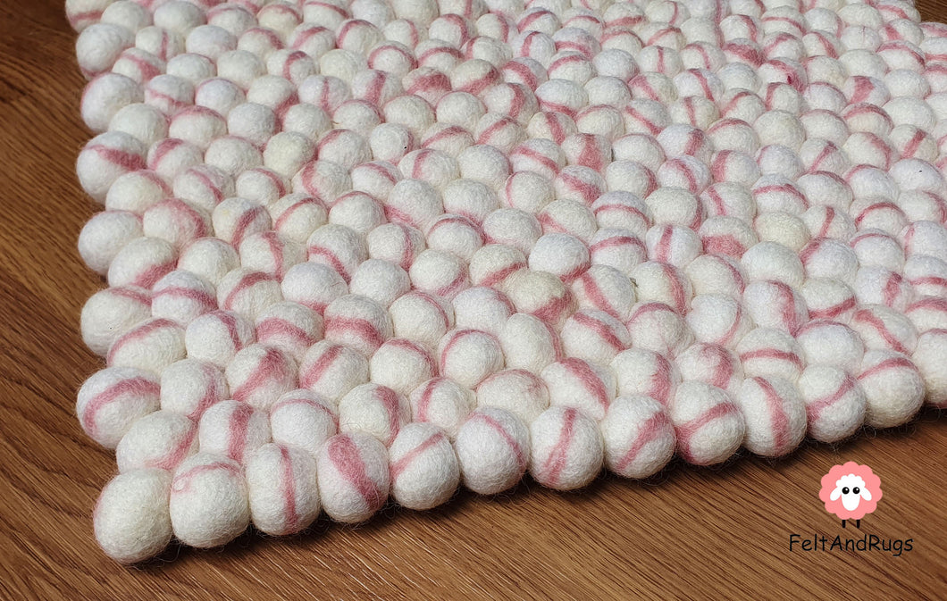 Rectangle Felt Ball Rug Base White with Baby Pink Stripe Tie Dye Rug 100 % Wool (Free Shipping)