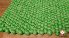Load image into Gallery viewer, Rectangle Felt Ball Rug Base Light Green with Dark Green Stripe. Tie Dye Rug 100 % Wool (Free Shipping)