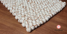 Load image into Gallery viewer, Rectangle Felt Ball Rug. Base White with Light Brown Stripe. Tie Dye Rug 100 % Wool (Free Shipping)