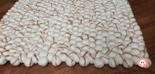 Load image into Gallery viewer, Rectangle Felt Ball Rug. Base White with Light Brown Stripe. Tie Dye Rug 100 % Wool (Free Shipping)