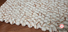 Load image into Gallery viewer, Rectangle Felt Ball Rug. Base White with Light Brown Stripe. Tie Dye Rug 100 % Wool (Free Shipping)