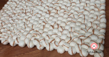 Load image into Gallery viewer, Rectangle Felt Ball Rug. Base White with Light Brown Stripe. Tie Dye Rug 100 % Wool (Free Shipping)