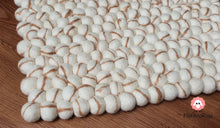 Load image into Gallery viewer, Rectangle Felt Ball Rug. Base White with Light Brown Stripe. Tie Dye Rug 100 % Wool (Free Shipping)