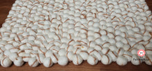 Load image into Gallery viewer, Rectangle Felt Ball Rug. Base White with Light Brown Stripe. Tie Dye Rug 100 % Wool (Free Shipping)