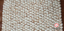 Load image into Gallery viewer, Rectangle Felt Ball Rug. Base White with Light Brown Stripe. Tie Dye Rug 100 % Wool (Free Shipping)