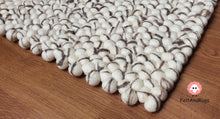 Load image into Gallery viewer, Rectangle Felt Ball Rug. Base White with Dark Brown Stripe. Tie Dye Rug 100 % Wool (Free Shipping)