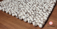 Load image into Gallery viewer, Rectangle Felt Ball Rug. Base White with Dark Brown Stripe. Tie Dye Rug 100 % Wool (Free Shipping)