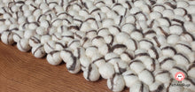 Load image into Gallery viewer, Rectangle Felt Ball Rug. Base White with Dark Brown Stripe. Tie Dye Rug 100 % Wool (Free Shipping)