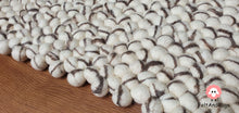 Load image into Gallery viewer, Rectangle Felt Ball Rug. Base White with Dark Brown Stripe. Tie Dye Rug 100 % Wool (Free Shipping)
