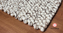 Load image into Gallery viewer, Rectangle Felt Ball Rug. Base White with Dark Brown Stripe. Tie Dye Rug 100 % Wool (Free Shipping)