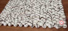 Load image into Gallery viewer, Rectangle Felt Ball Rug. Base White with Dark Brown Stripe. Tie Dye Rug 100 % Wool (Free Shipping)