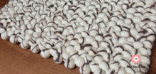 Load image into Gallery viewer, Rectangle Felt Ball Rug. Base White with Dark Brown Stripe. Tie Dye Rug 100 % Wool (Free Shipping)