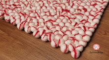 Load image into Gallery viewer, Rectangle Felt Ball Rug. Base White with Red Stripe. Tie Dye Rug 100 % Wool (Free Shipping)