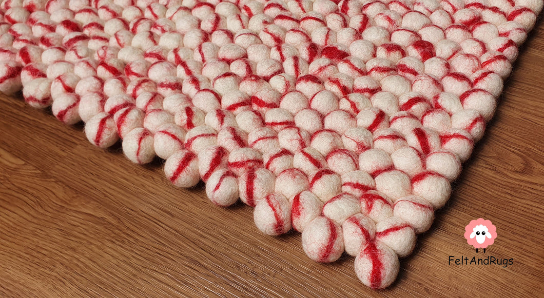 Rectangle Felt Ball Rug. Base White with Red Stripe. Tie Dye Rug 100 % Wool (Free Shipping)