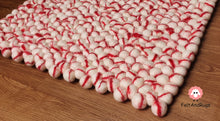 Load image into Gallery viewer, Rectangle Felt Ball Rug. Base White with Red Stripe. Tie Dye Rug 100 % Wool (Free Shipping)