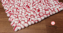 Load image into Gallery viewer, Rectangle Felt Ball Rug. Base White with Red Stripe. Tie Dye Rug 100 % Wool (Free Shipping)