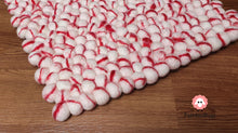 Load image into Gallery viewer, Rectangle Felt Ball Rug. Base White with Red Stripe. Tie Dye Rug 100 % Wool (Free Shipping)