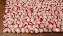 Load image into Gallery viewer, Rectangle Felt Ball Rug. Base White with Red Stripe. Tie Dye Rug 100 % Wool (Free Shipping)