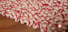 Load image into Gallery viewer, Rectangle Felt Ball Rug. Base White with Red Stripe. Tie Dye Rug 100 % Wool (Free Shipping)