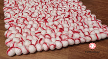 Load image into Gallery viewer, Rectangle Felt Ball Rug. Base White with Red Stripe. Tie Dye Rug 100 % Wool (Free Shipping)