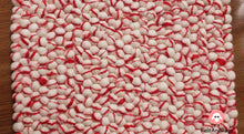 Load image into Gallery viewer, Rectangle Felt Ball Rug. Base White with Red Stripe. Tie Dye Rug 100 % Wool (Free Shipping)
