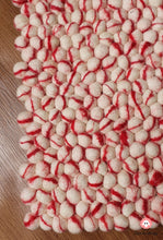 Load image into Gallery viewer, Rectangle Felt Ball Rug. Base White with Red Stripe. Tie Dye Rug 100 % Wool (Free Shipping)