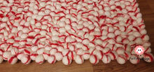 Load image into Gallery viewer, Rectangle Felt Ball Rug. Base White with Red Stripe. Tie Dye Rug 100 % Wool (Free Shipping)
