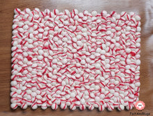 Load image into Gallery viewer, Rectangle Felt Ball Rug. Base White with Red Stripe. Tie Dye Rug 100 % Wool (Free Shipping)