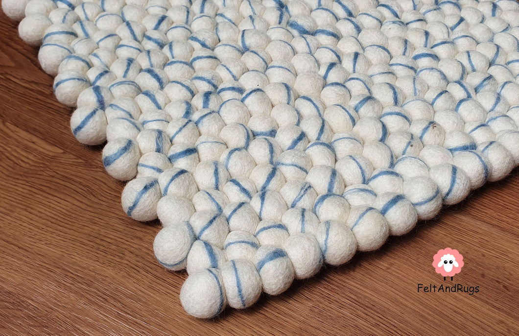 Rectangle Felt Ball Rug. Base White with Blue Stripe. Tie Dye Rug 100 % Wool (Free Shipping)