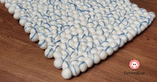 Load image into Gallery viewer, Rectangle Felt Ball Rug. Base White with Blue Stripe. Tie Dye Rug 100 % Wool (Free Shipping)