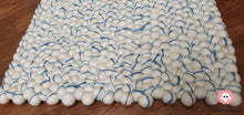 Load image into Gallery viewer, Rectangle Felt Ball Rug. Base White with Blue Stripe. Tie Dye Rug 100 % Wool (Free Shipping)
