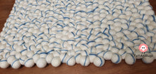 Load image into Gallery viewer, Rectangle Felt Ball Rug. Base White with Blue Stripe. Tie Dye Rug 100 % Wool (Free Shipping)
