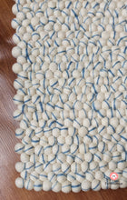 Load image into Gallery viewer, Rectangle Felt Ball Rug. Base White with Blue Stripe. Tie Dye Rug 100 % Wool (Free Shipping)