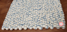 Load image into Gallery viewer, Rectangle Felt Ball Rug. Base White with Blue Stripe. Tie Dye Rug 100 % Wool (Free Shipping)