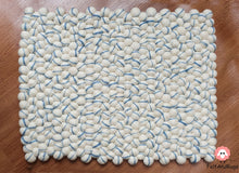 Load image into Gallery viewer, Rectangle Felt Ball Rug. Base White with Blue Stripe. Tie Dye Rug 100 % Wool (Free Shipping)