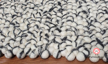 Load image into Gallery viewer, Rectangle Felt Ball Rug. Base White with Charcoal Grey Stripe. Tie Dye Rug 100 % Wool (Free Shipping)

