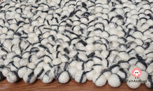 Load image into Gallery viewer, Rectangle Felt Ball Rug. Base White with Charcoal Grey Stripe. Tie Dye Rug 100 % Wool (Free Shipping)