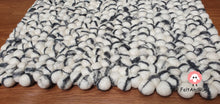 Load image into Gallery viewer, Rectangle Felt Ball Rug. Base White with Charcoal Grey Stripe. Tie Dye Rug 100 % Wool (Free Shipping)