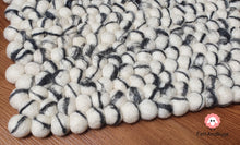 Load image into Gallery viewer, Rectangle Felt Ball Rug. Base White with Charcoal Grey Stripe. Tie Dye Rug 100 % Wool (Free Shipping)