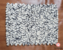 Load image into Gallery viewer, Rectangle Felt Ball Rug. Base White with Charcoal Grey Stripe. Tie Dye Rug 100 % Wool (Free Shipping)