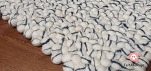 Load image into Gallery viewer, Rectangle Felt Ball Rug. Base White with Dark Grey Stripe. Tie Dye Rug 100 % Wool (Free Shipping)