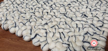Load image into Gallery viewer, Rectangle Felt Ball Rug. Base White with Dark Grey Stripe. Tie Dye Rug 100 % Wool (Free Shipping)