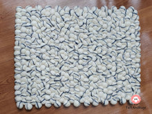 Load image into Gallery viewer, Rectangle Felt Ball Rug. Base White with Dark Grey Stripe. Tie Dye Rug 100 % Wool (Free Shipping)