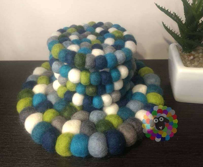 Felt Ball Trivet and Coasters Set. 100 % Wool